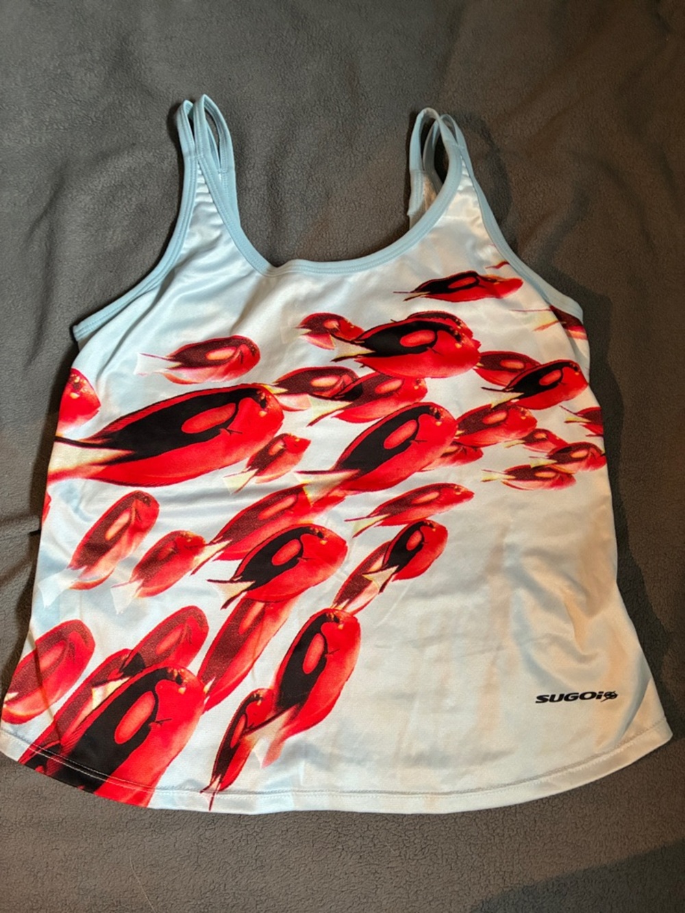 SUGOI Light Blue Tank with Bold Red Fish Graphic